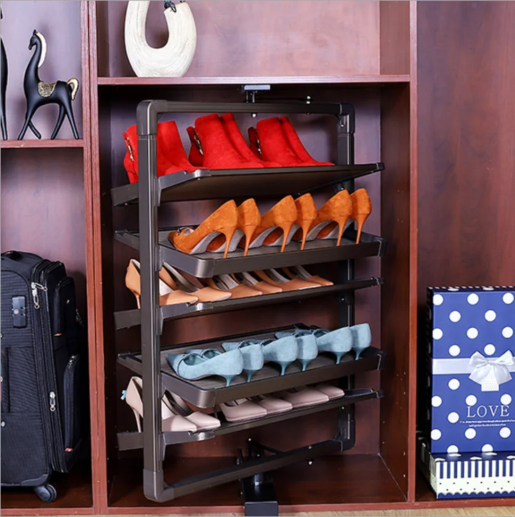 

Rotating shoe rack, damping buffer, push-pull retractable shoe rack in cloakroom