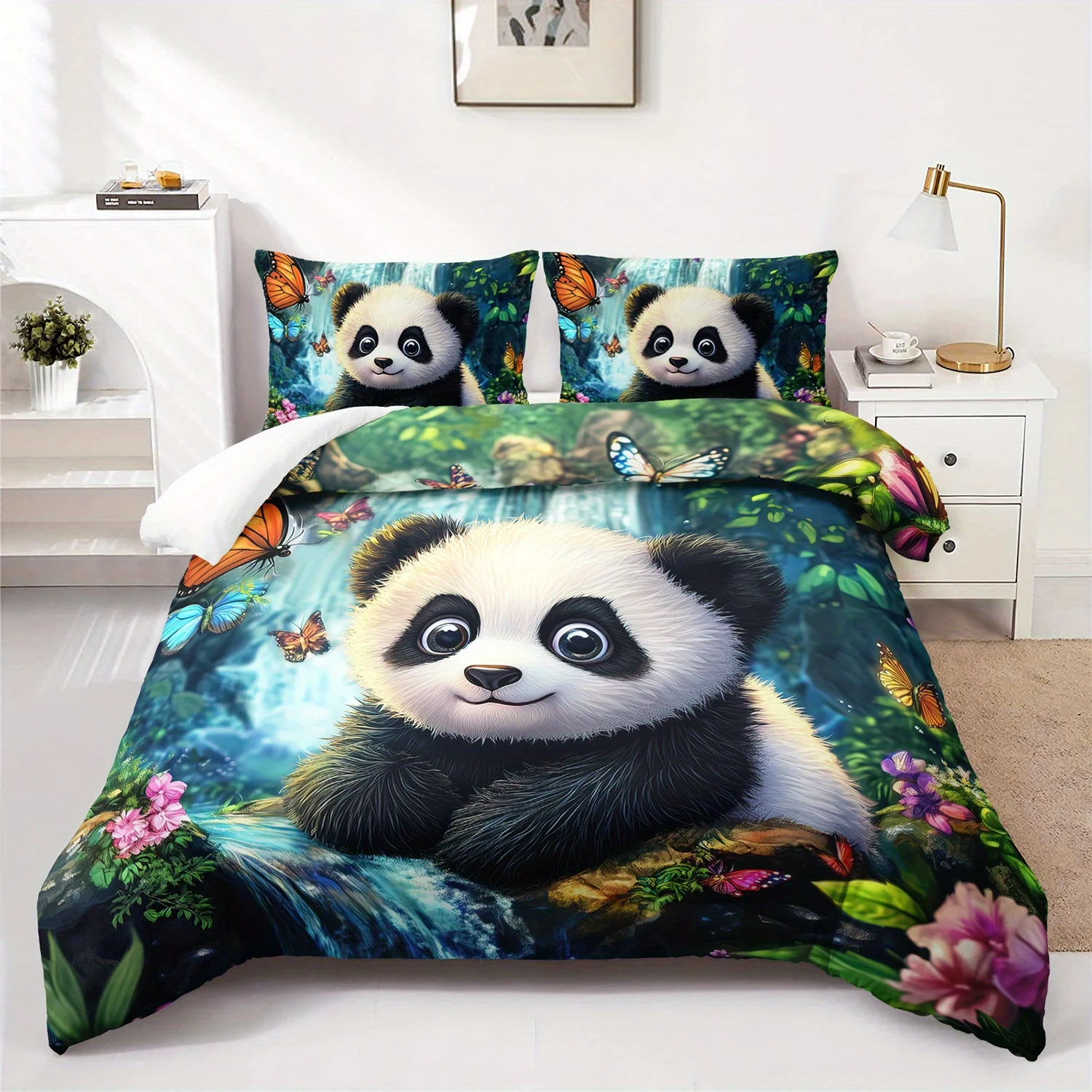 

3pcs Cute Panda Butterfly Bedding Duvet Cover Set Panda Waterfall Bedding Quilt Set Animal Themed Bed Quilt Set Lovely Panda