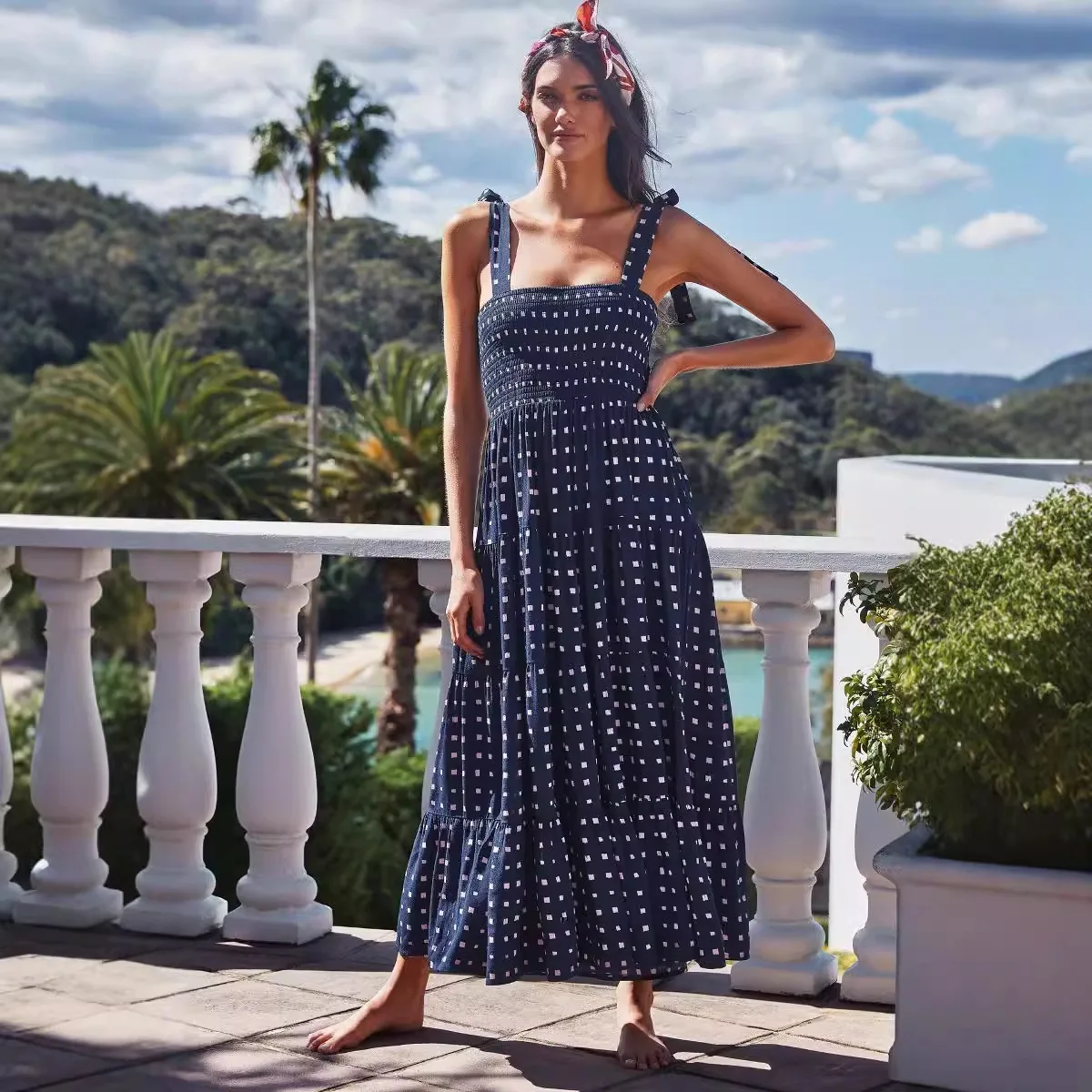 새로운 2025 여름 여성 Boho 미디 드레스 패션 프린트 스파게티 스트랩 섹시한 민소매 홀리데이 비치 드레스 여성 파티 Vestidos