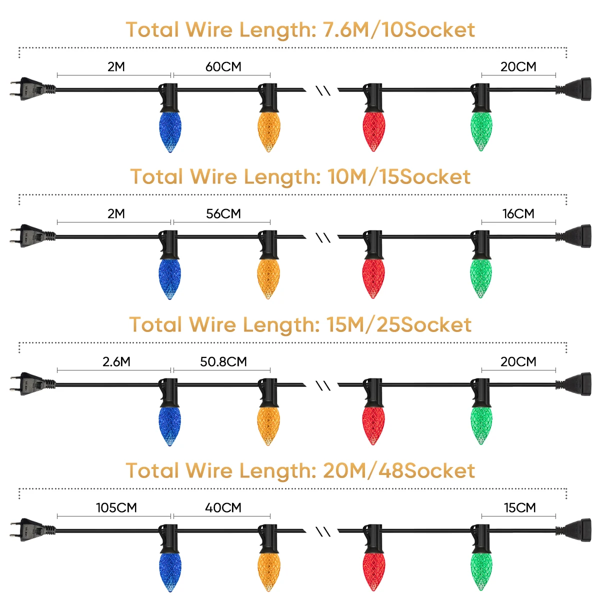 防水LEDストリングライト,C7,カラフルなLEDライト,バッテリープルーフ,屋外,クリスマスデコレーション,新年,EU,us,110V, 220V