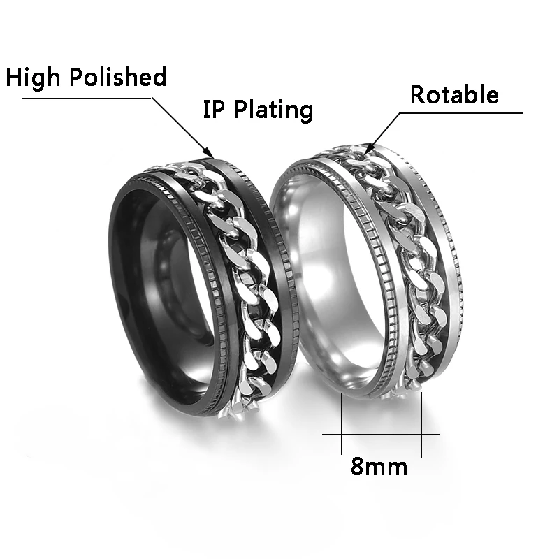 Spin Rotating Anxiety Fidget Titanium Rings For Men Colorful Stainless Steel Chain Finger Men Ring Punk Rock Hippie Accessory