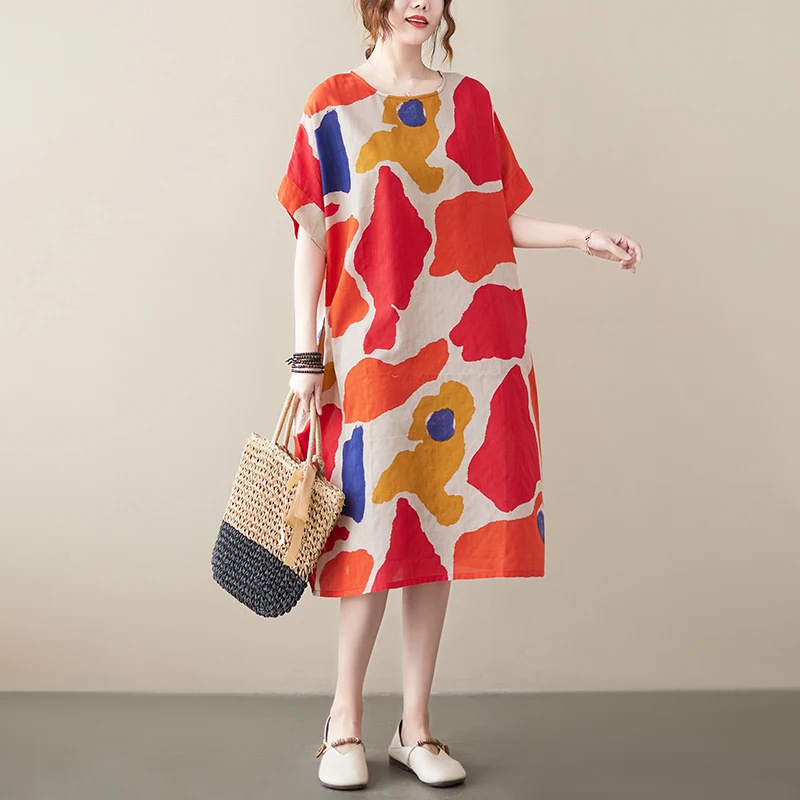 Grande taille femmes coton lin Midi Dr été nouveau Sle genou longueur artistique Vintage imprimé fleuri décontracté confortable Dr