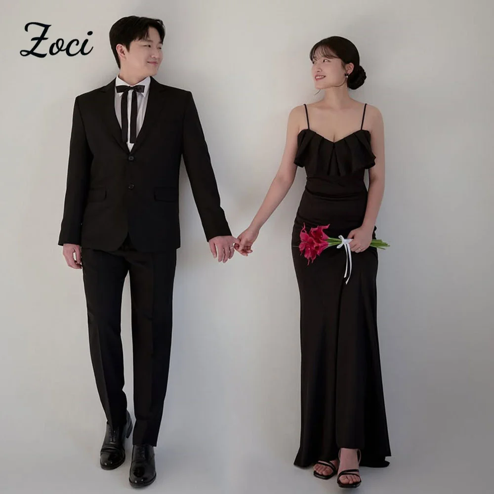 

Zoci Simple Ruffles V Neck Black Korea Evening Dresses Customized Prom Gowns Spaghetti Strap Mermaid Formal Party Birthday Dress