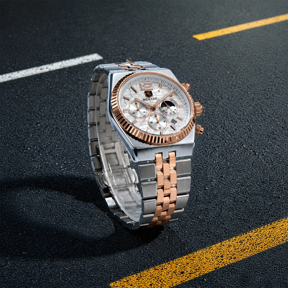 New BENYAR Moon Phase Mens Watches Top Luxury Quartz Chronograph Watch For Men Stainless Steel Waterproof Sports Clock Gift+Box