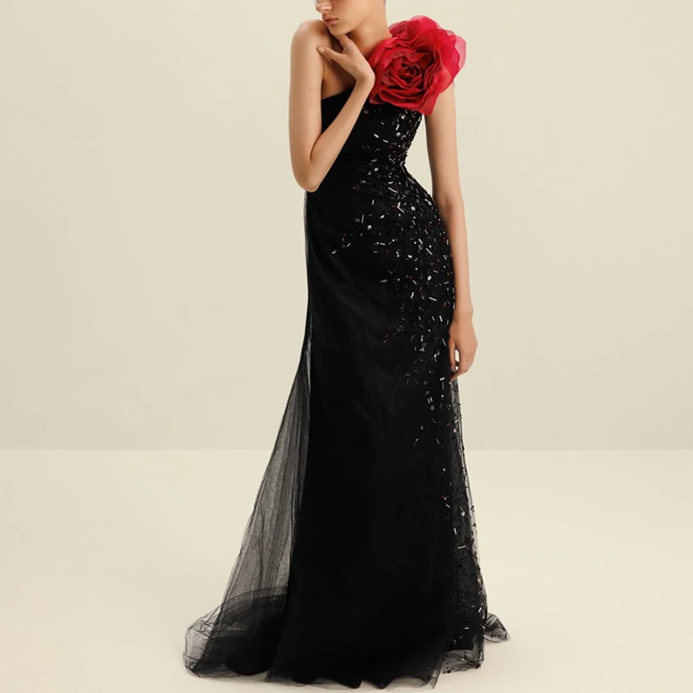 Temperament Flowers Sequined Floor Length Straight Special Occasion Gowns Jersey One Shoulder Sleeveless Vestidos de fiesta