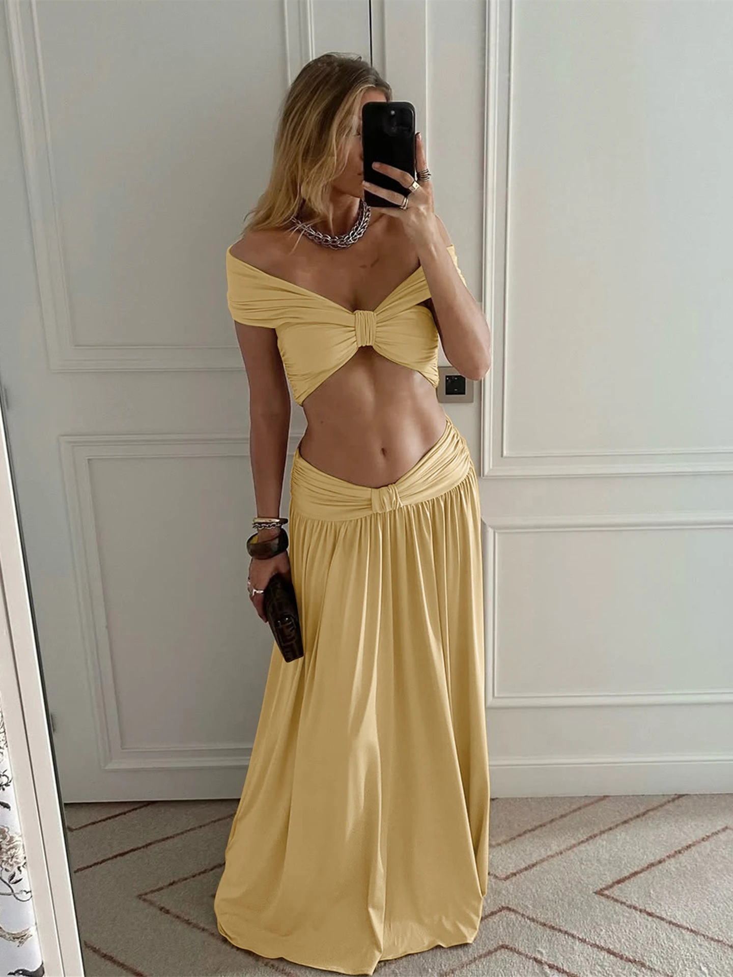 Hugcitar Slash Neck Kurzarm Solid Ruched Sexy Crop Top Maxirock 2-teiliges Set Mode Damen Outfits Strand Urlaub Party