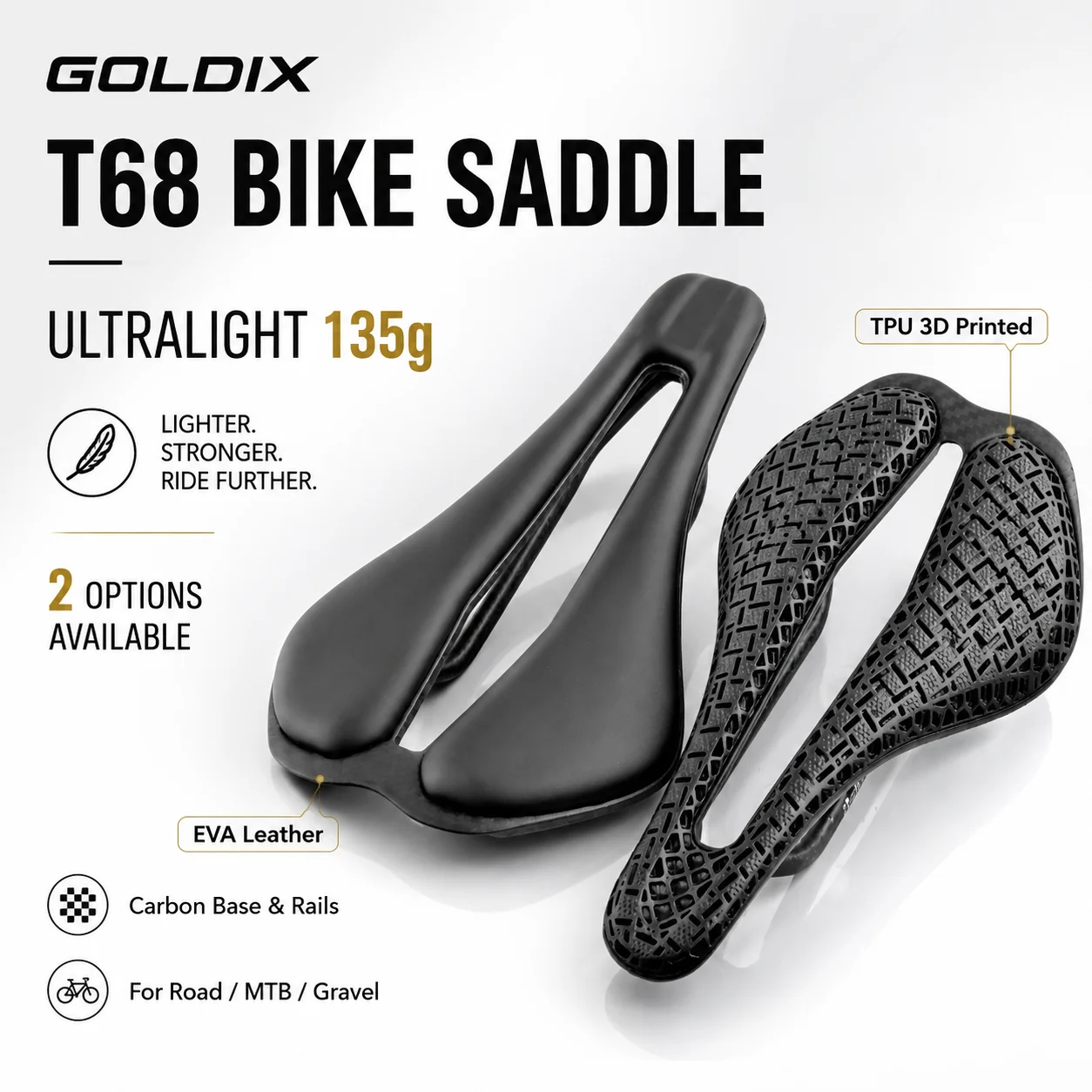 Selle de vélo GOLDIX T68 imprimée en 3D, 105g, ultra-légère, rails en carbone, revêtement en TPU 3D Mesh ou cuir EVA pour vélos de route, VTT et gravel