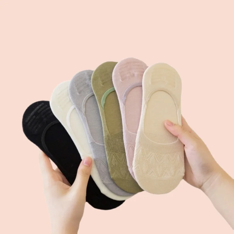 3/6 Pairs High Quality Mesh Hollow Invisible Socks Silicone Non-slip Cotton Socks Women's Low-top Solid Color All-match Socks