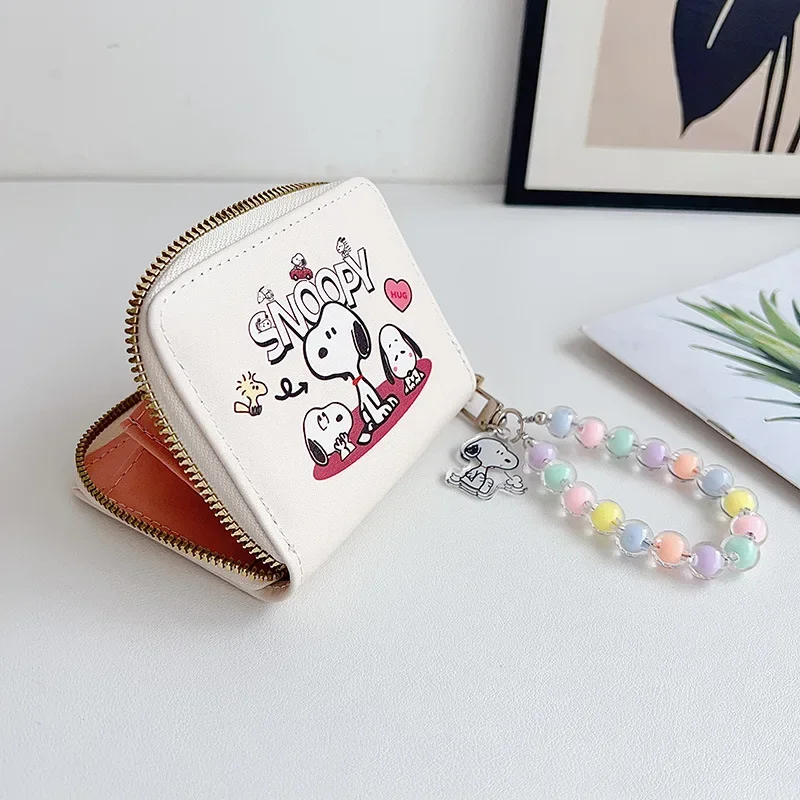 Snoopy Coin Purse Cartoon Anime Card Bag Women Zipper Short Small Purse PU Leather Multi Caro Slot Wallet with Pendant Lanyard