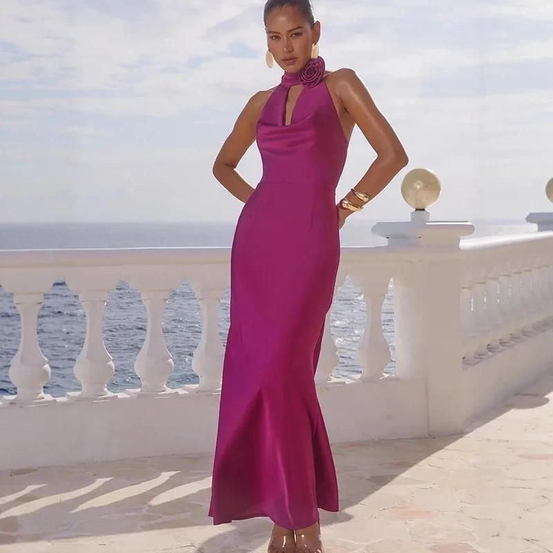

2025 New French Style Halter Neck Backless Satin Mermaid Maxi Dress Rose Red Elegant Maxi Dress