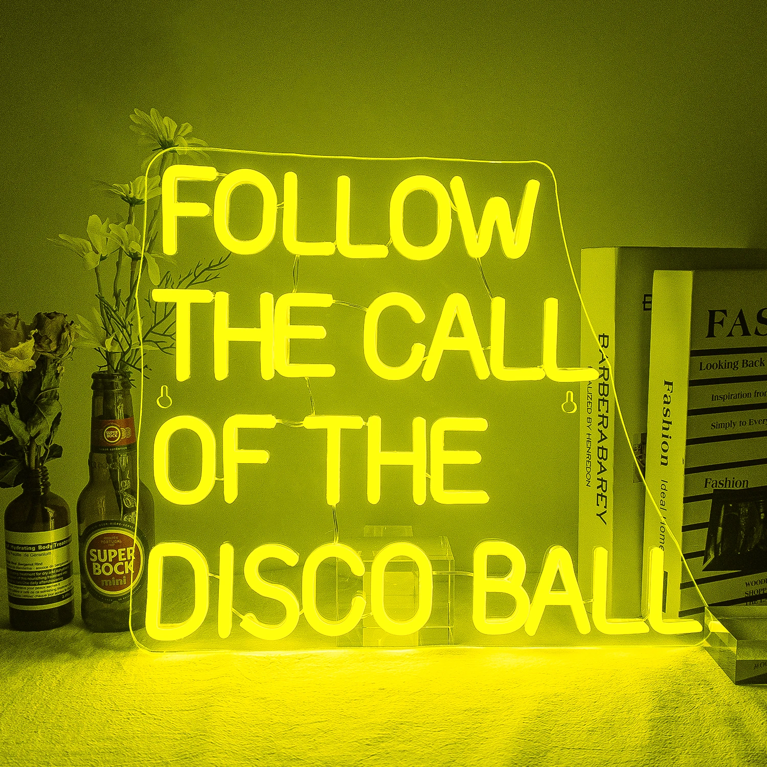 Señal de neón Follow The Call Of The Disco Ball, letras Led amarillas, decoración de habitación para Bar, fiesta en casa, cueva de hombre, logotipo regulable