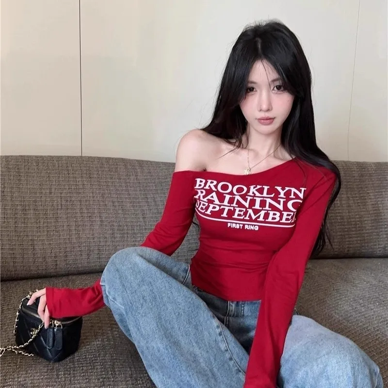 Slim Fit Long Sleeve T-Shirt Women's Sweet And Spicy Style Flocking Letter Print Asymmetrical Neck Design Cotton Blend T-Shirt