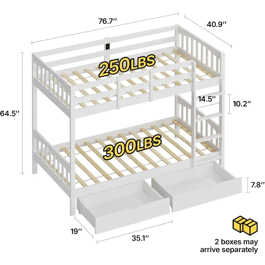 Twin Over Twin Bunk Bed with 2 Storage Drawers, Solid Wood, Natural Finish, Space-Saving and Sturdy for'Bedroom