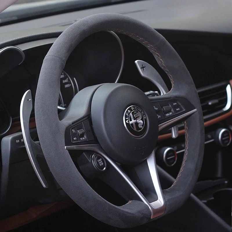 Hand-Stitched Red Line Suede Non-Slip Car Steering Wheel Cover For Alfa Romeo Stelvio Giulia Auto Parts
