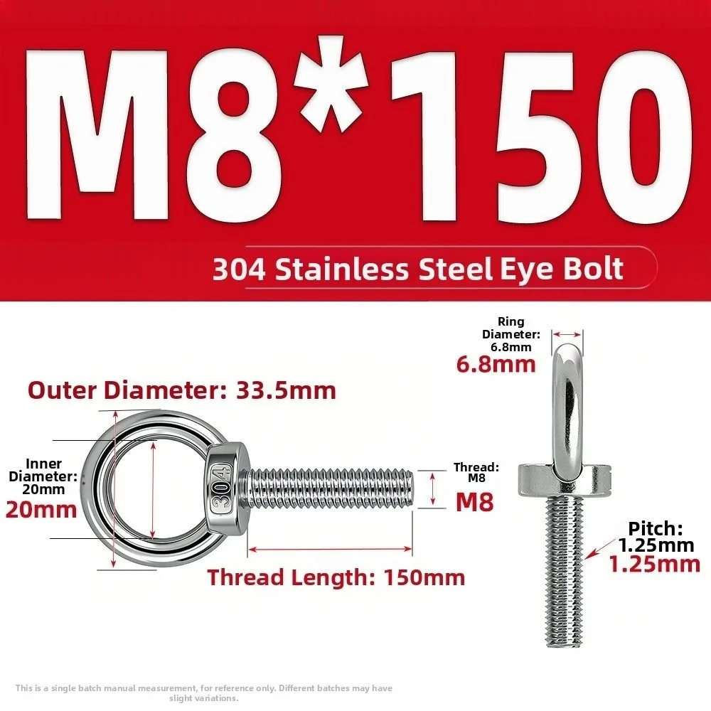 304 Stainless Steel Eye Bolts M8 15-150mm Heavy-Duty O-Ring Extended Bolts Hand-twisting Rust Prevention Lifting Bolts Eyelets