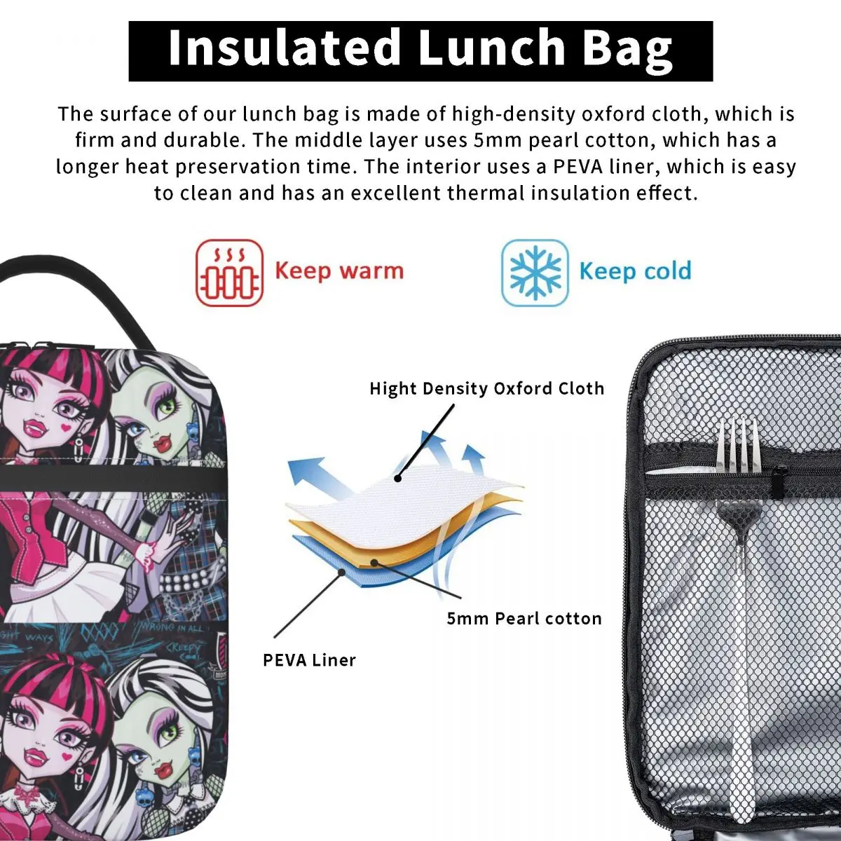 Kawaii Girl Insulated Lunch Bags Portable Draculaura Monster High Lunch Container Thermal Bag Lunch Box Tote Beach Picnic  Women