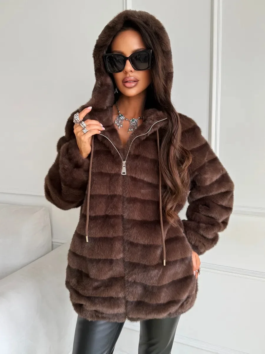 Women's Hooded Fluffy Faux Fur Coat Zip Up Drawstring Shaggy Thick Warm Winter Elegant Luxe Chic Outerwear