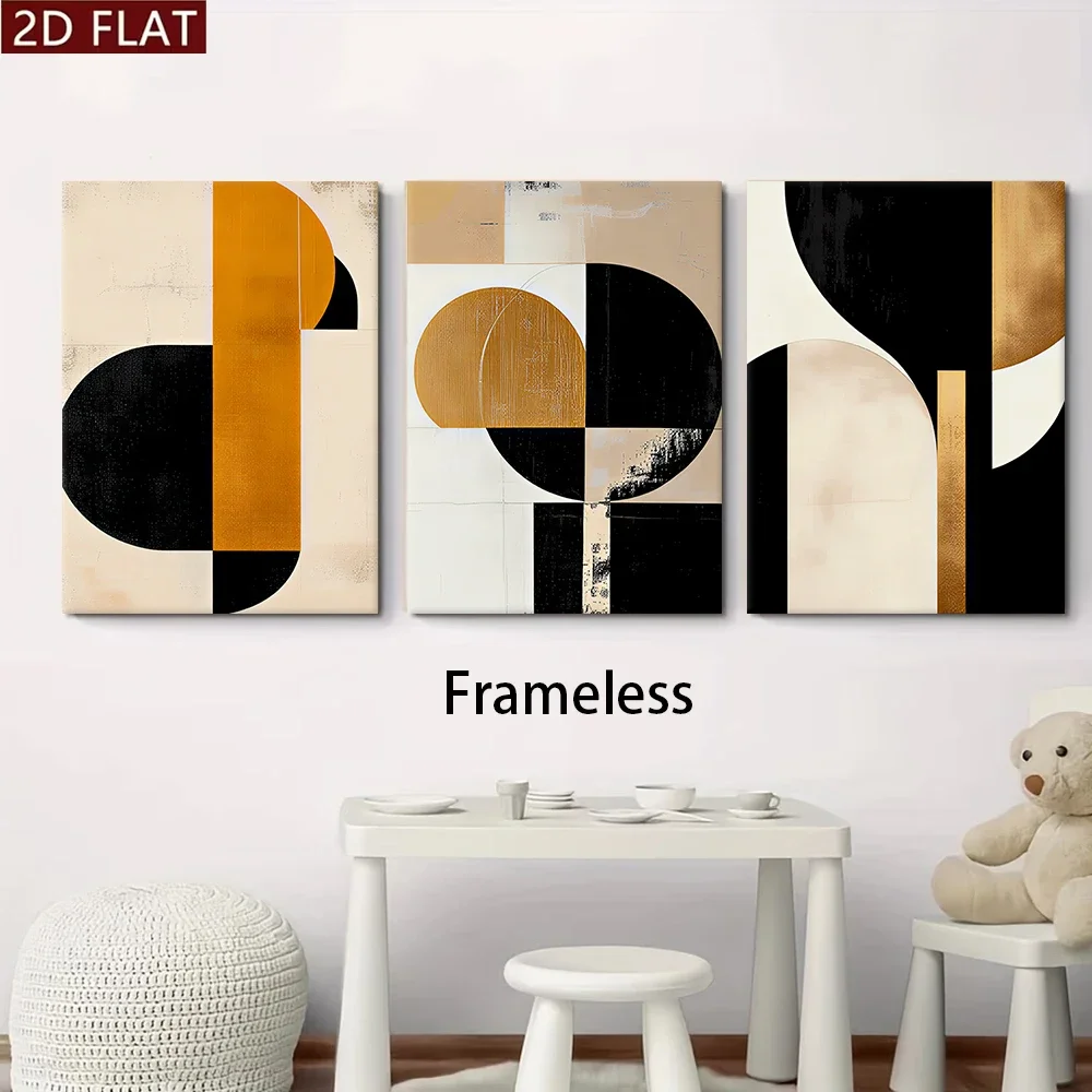 Multiple sizes 3pcs frameless Canvas Painting1 Set Modern Abstract Geometric triptych frameless Wall Art, Black White Gold Min f