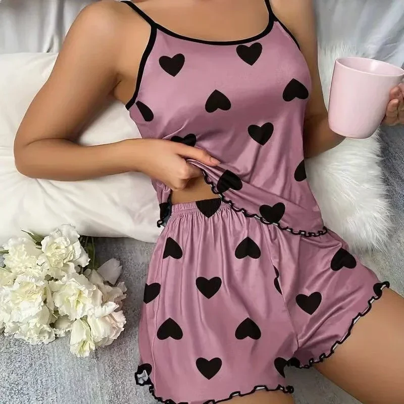 

Two Piece Set of Women's Pajamas with Heart-Shaped Printed Vest and Shorts Casual Home Women's Pajamas Set