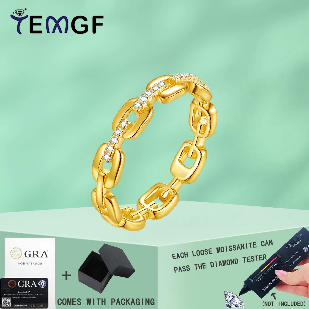 

TEMGF D Color 1mm Moissanite Eternity Ring 925 Sterling Silver Link Chain Design 18K Gold Plated Fine Jewelry for Elegance Women