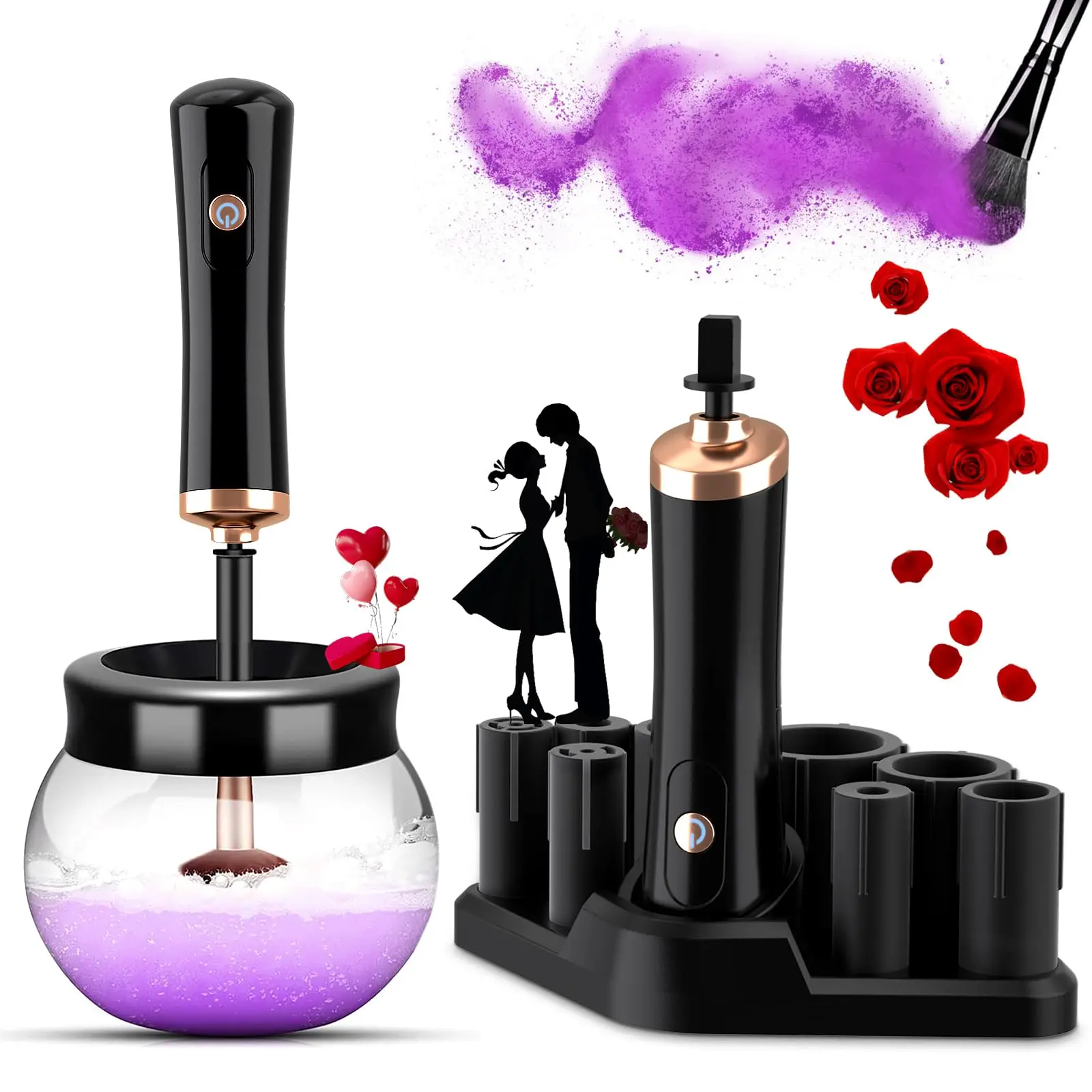 Electric Makeup Brush Cleaner Spinning Cleaner with 8 Size Rubber Holders Drying Stand Deep Clean Makeup Brushes for All Sizes