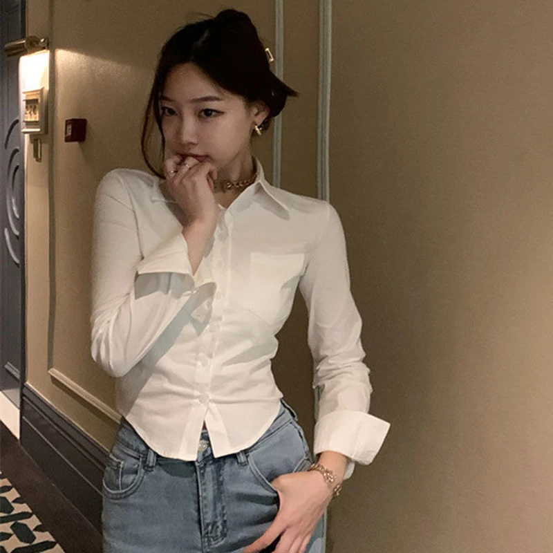 White Korean Sweet Shirt Y2K Slim Preppy Style Chiffon Female Long Sleeve Blouse Summer Fashion Office Casual Ladies Crop Tops