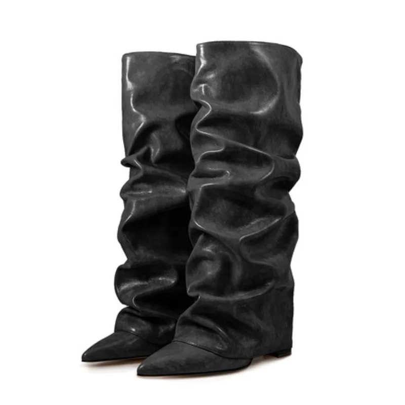 Street Style Women's Knee High Boots with Sloping Heels, Pointed Pointed Horse Boots, Knee High Pleated Thigh High Boots