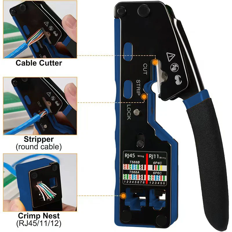 RJ45 RJ11 Crimp Tool Kit Pass Through Cat6 Crimping Tool For Cat5 Cat5e Cat6 8P6P Connector, All-in-one Ethernet Crimper