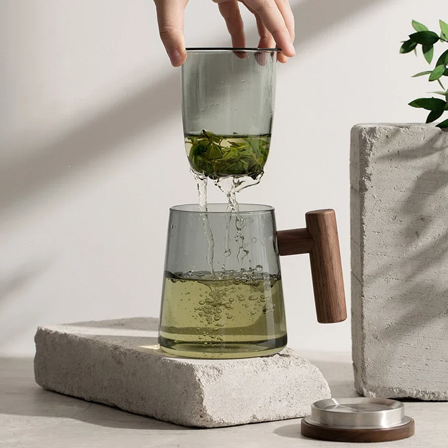 300-430ml Borosilicate Glass Tea Mug Wood Handle Cup With Filter & Lid – Office Loose Leaf Brewing Gift Separation Tea Mug