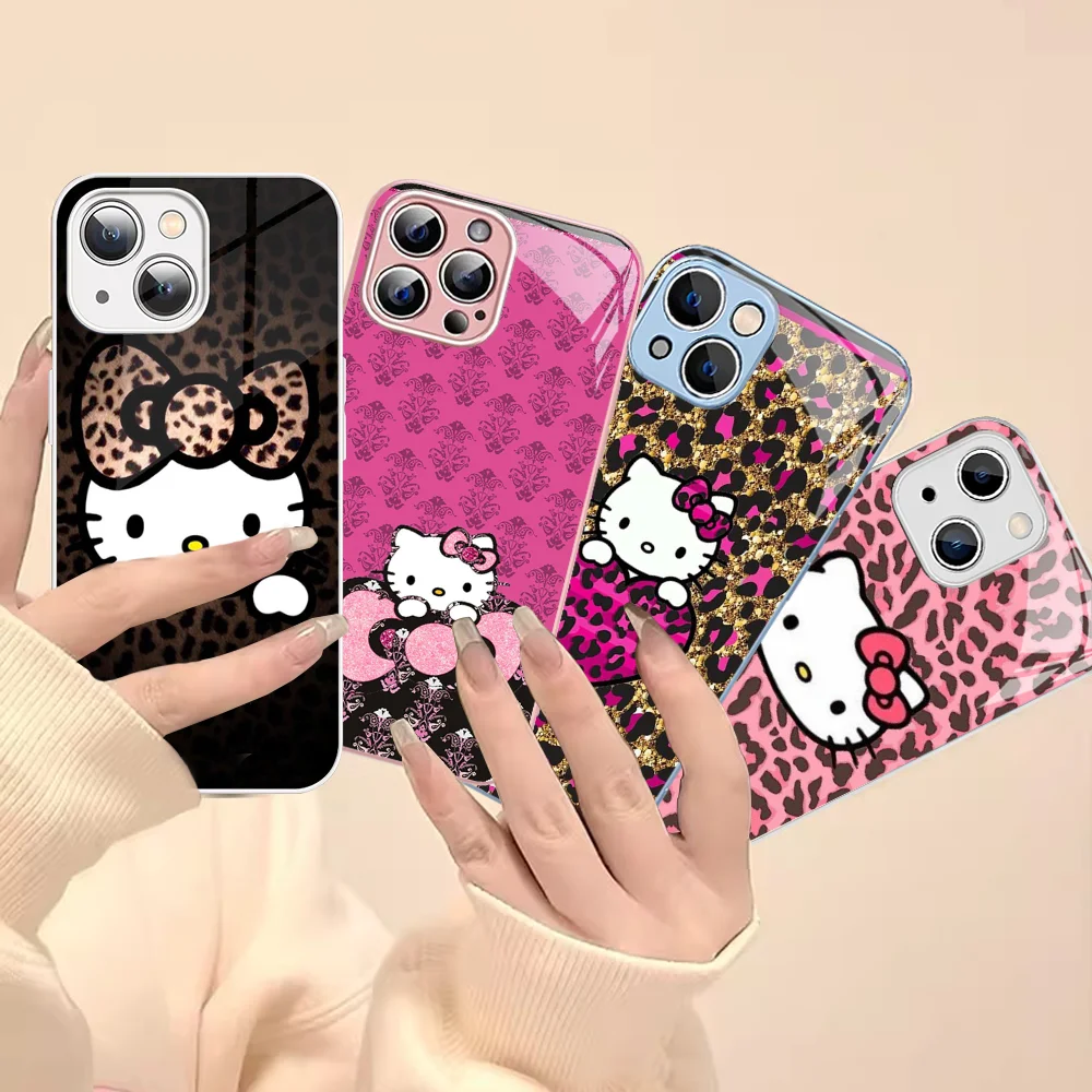 

Чехол для телефона с леопардовым принтом H-Hello-Cat-k-Kitty Красного и коричневого цвета для iPhone 15 13 12 Mini 11 Pro XS Max X XR 14 Plus чехол из закаленного стекла