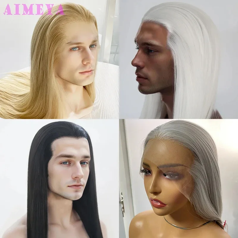 AIMEYA Free Part Black Front Wig Long Silky Straight Synthetic Lace Wigs High Temperature Hair for Men or Women Cosplays;3,k8't,