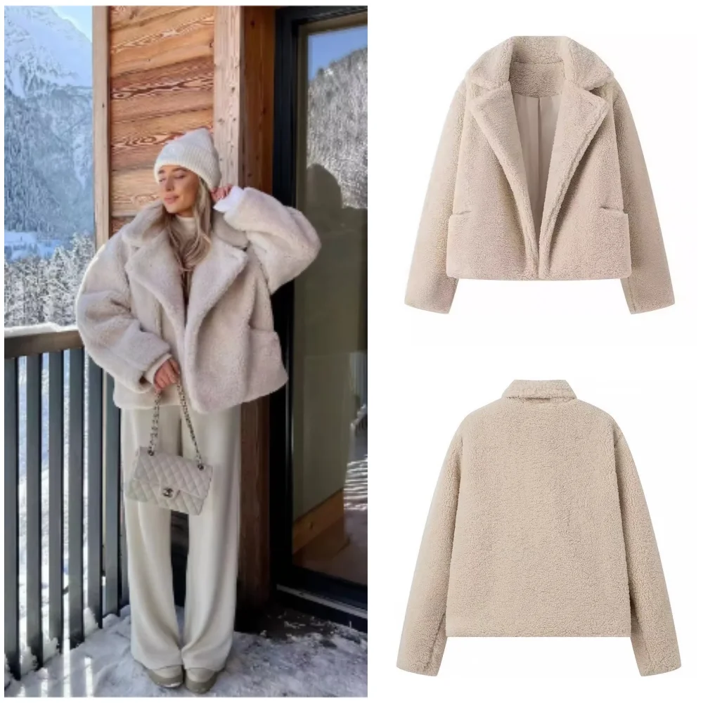 Warm Lambswool Furry Coat Women Turndown Collar Long Sleeve Loose Pockets Female Jacket 2024 Autumn Winter Fashion Lady Overcoat