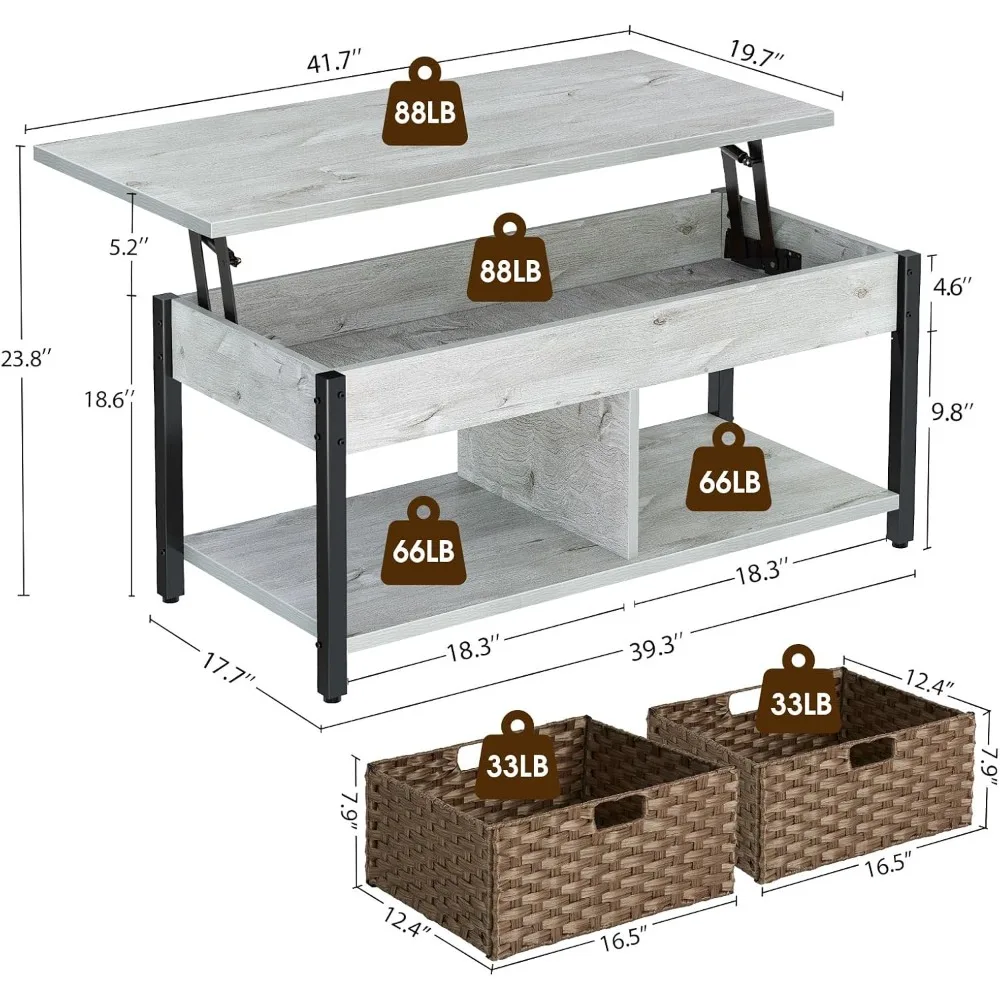 Elevator coffee table with hidden storage compartment, wooden elevator table top and, for living room