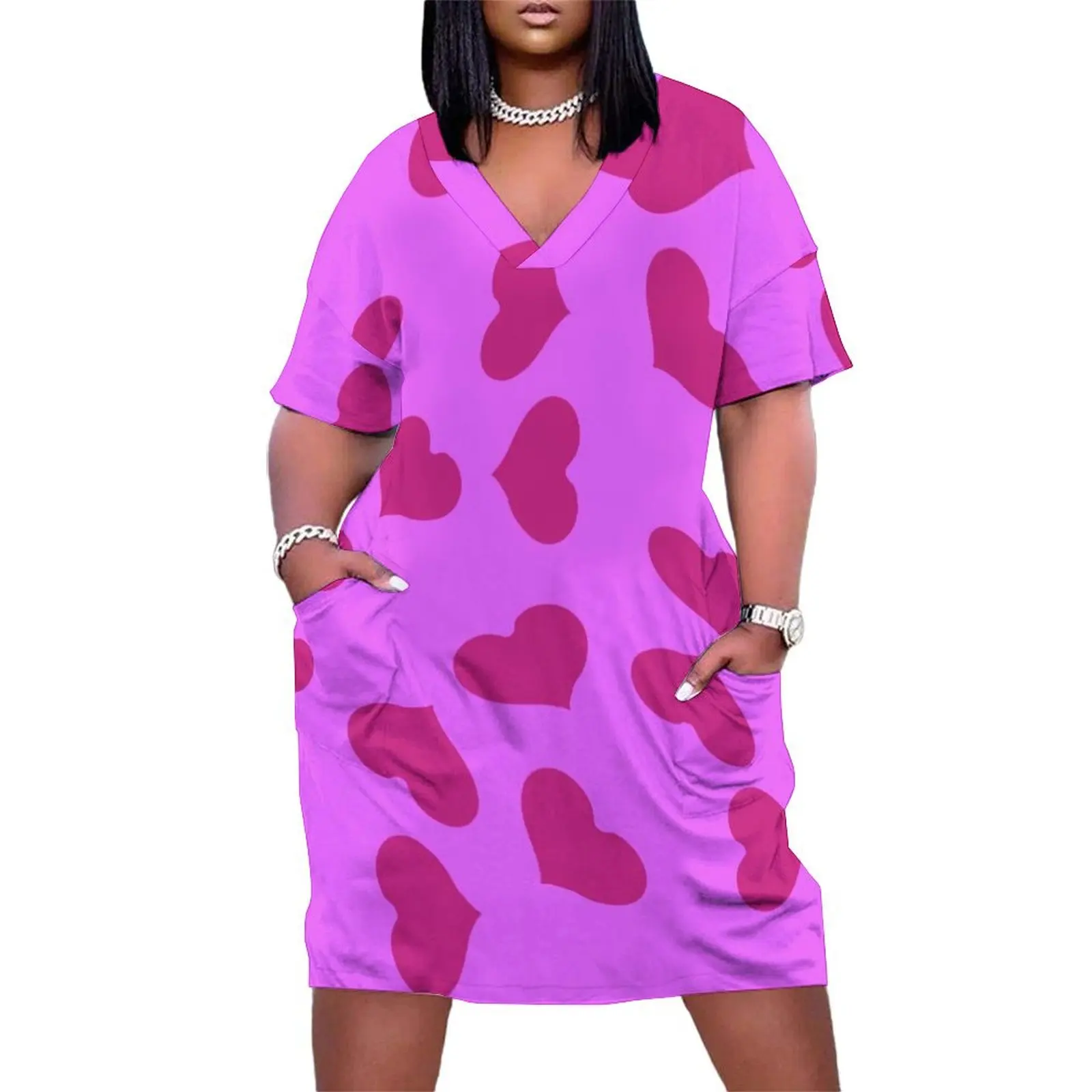 

Valentines Day Pink Heart Pattern Loose Pocket Dress dress party evening elegant luxury celebrity party dresses woman Long dress