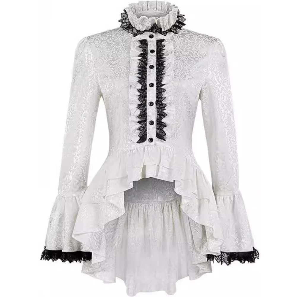 

Medieval Court Gothic Cosplay Costume Stand Up Collar Flared Sleeve Shirt Black and White Lace Top Victorian Outfit Halloween