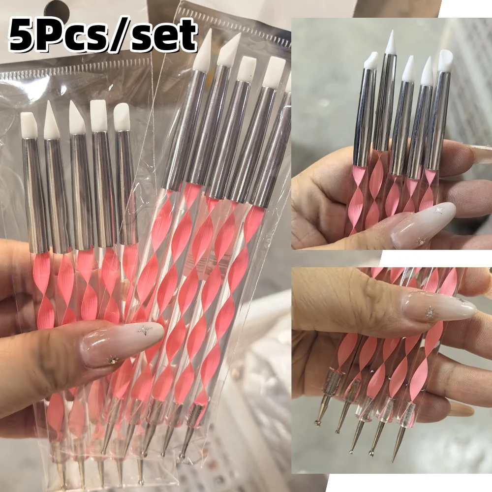 5Pcs Dual-End Nail Silicone Brushes 2 Heads Nail Silicone Point Nail Pen Stainless Steel Dotting Tools Marbleizing Painting Pens