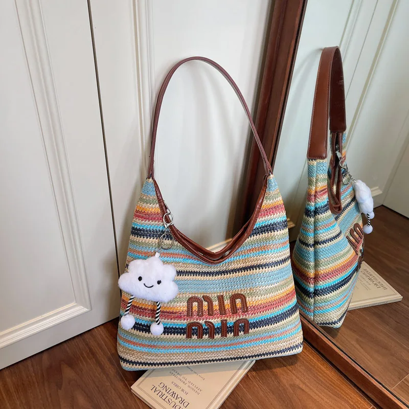 

Летняя женская сумка-тоут с вышивкой 2023 года — тканая сумка для покупок большой вместимости с разноцветными полосками, необходимое для пляжа и отдыха