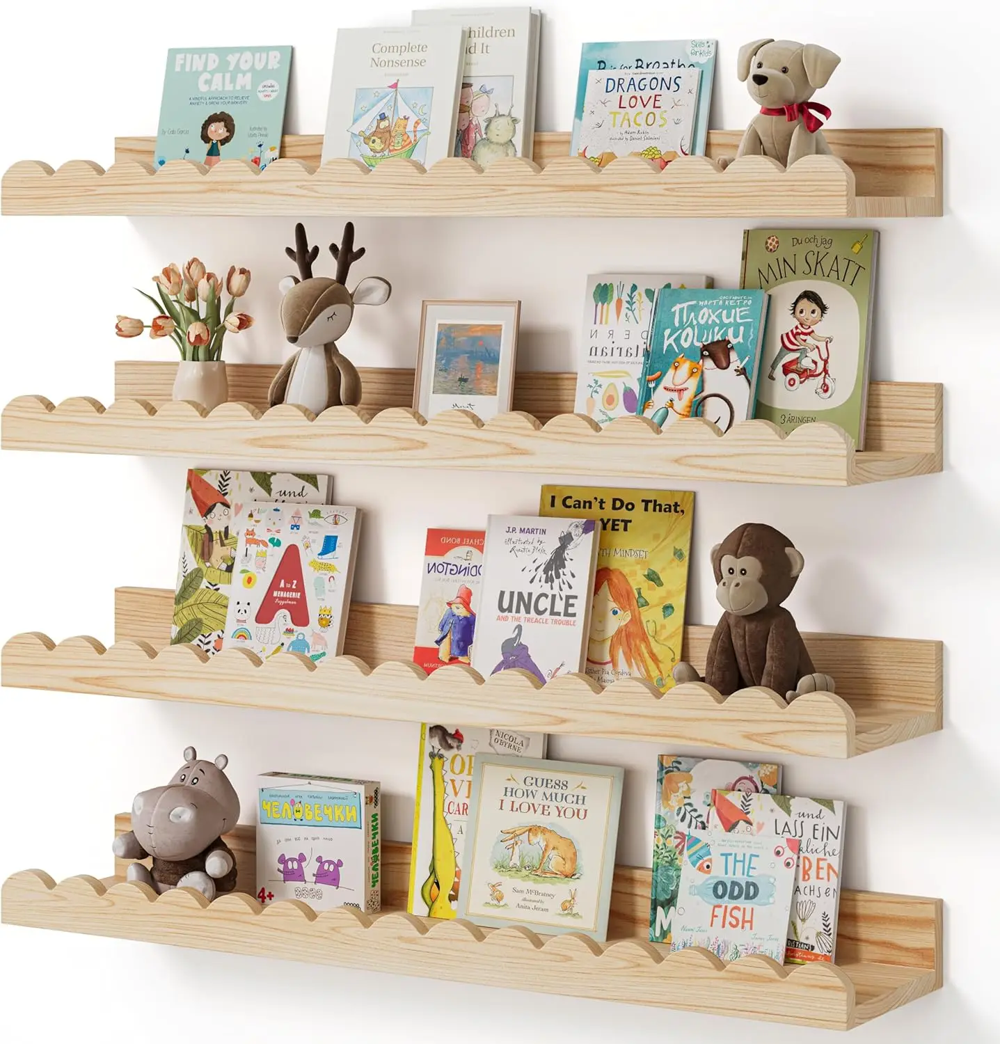 

4-Pack Wood Floating Wall Shelves for Kids Room, Scalloped Design Nursery Decor, 23 Inches