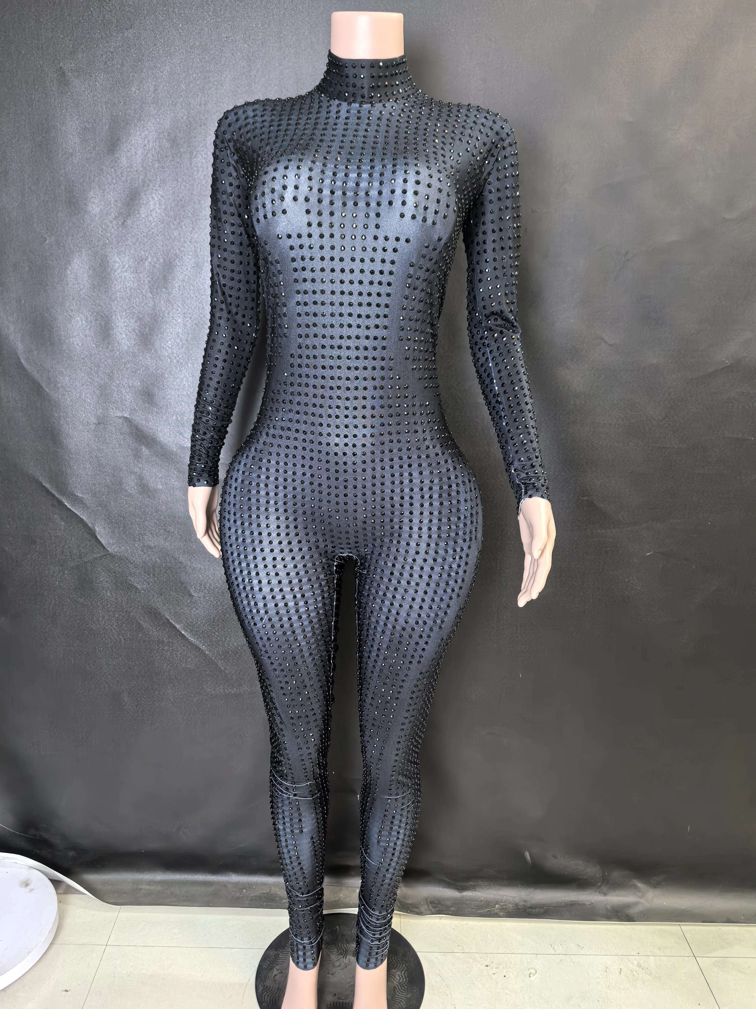 Women's Sparkly Long Sleeve Crystal Rompers Bodycon Bodysuits for Pole Dance Stage Performance Party One Piece Jumpsuits 7G