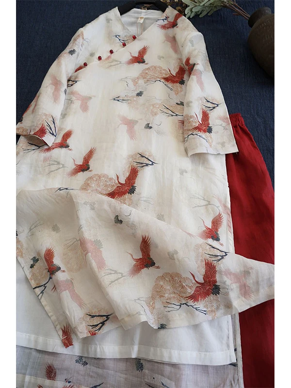 Retro chinês sle floral impressão dr feminino verão vento gola inclinada botão dupla camada saia melhorada