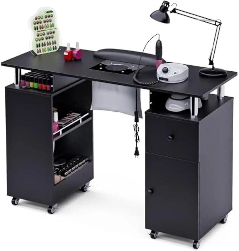 Manicure Nail Desk Tech Table Dust Collector Arm Rest Wheels Drawer Cabinet Beauty Salon Station Black