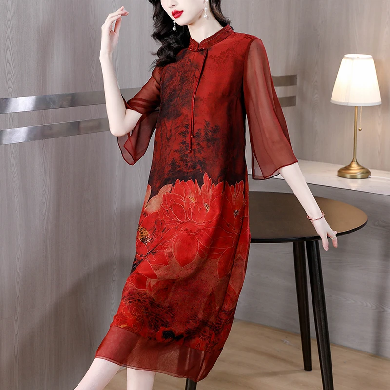 2024 Summer Red Silk Floral Luxury Wedding Dress Chinese Style Short Sleeve Loose Dress Women Korean Vintage Elegant Party Dress