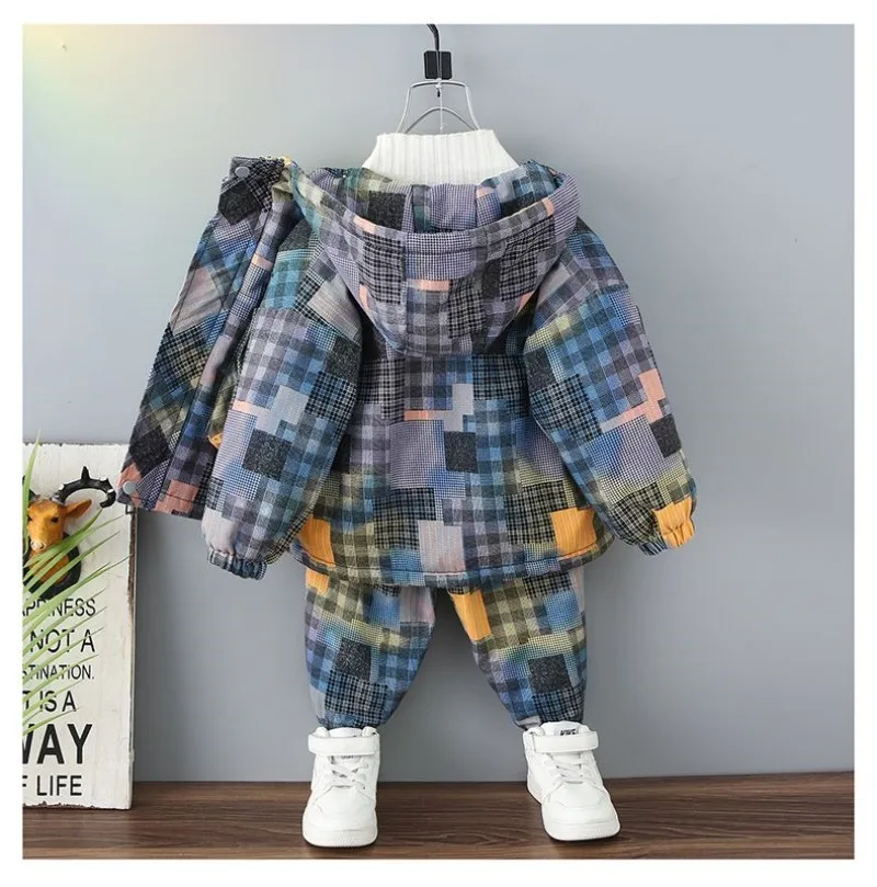 Boys\' Autumn and Winter Suit New Children\'s Plush Thickened Plaid Jacket Pants Baby Cool and Handsome Winter Two Piece Set