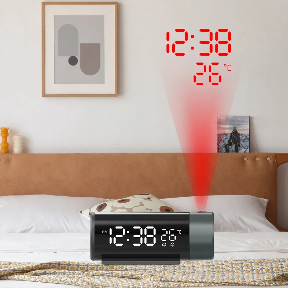 Wall Bedside With Digital Clock Projection Alarm 180°rotation Table Clocks Electronic Bedroom Snooze Temperature Function