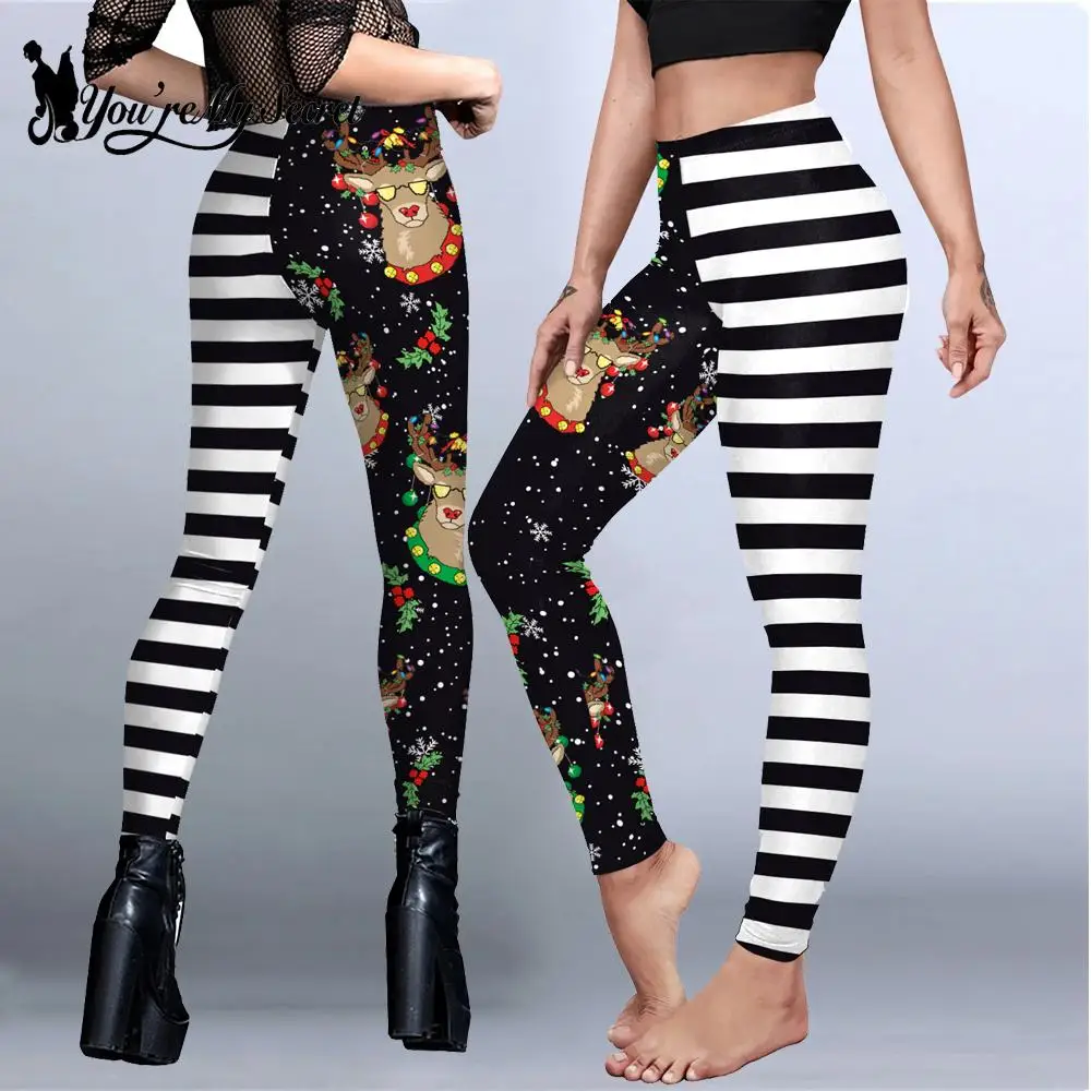 

[You're My Secret] Christmas Leggings Women Xmas Elk Stripe Print Pants Sexy Tights Workout Trousers Festival Carnival Leggings