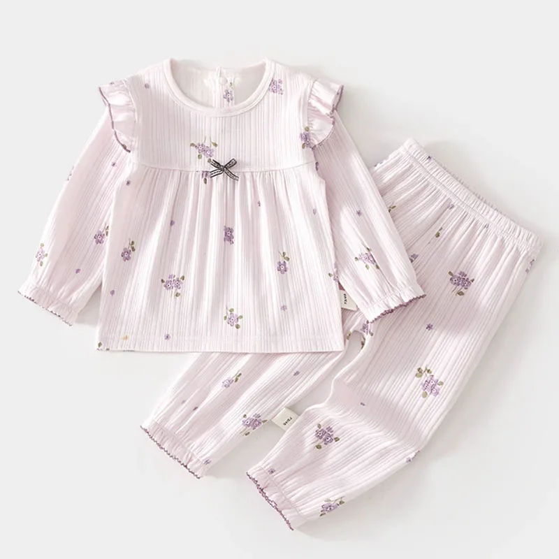 2Piece Spring Autumn Newborn Girls Clothes Korean Cute Bow Flowers Print Cotton Long Sleeve Tops+Pants Baby Clothing Sets B412