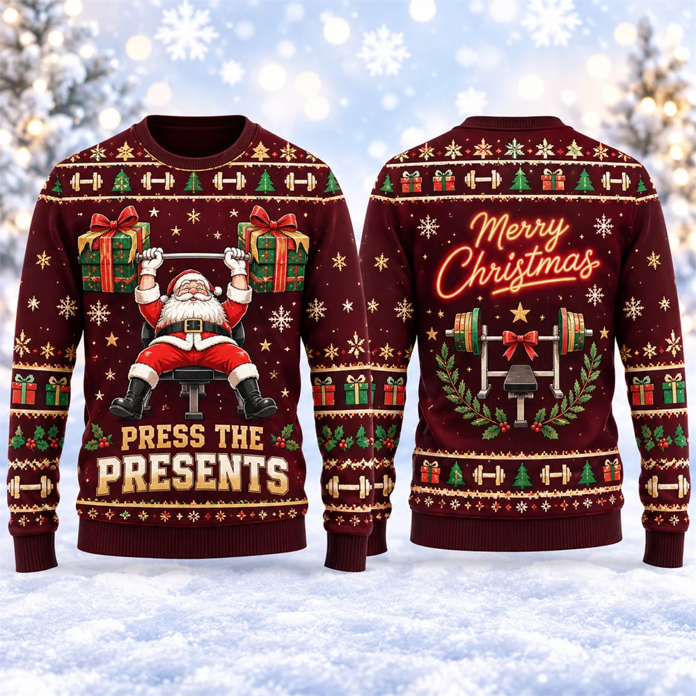 Fitness Theme Funny Christmas Ugly Sweater For Men 3D Print Humour Santa Claus Fitness Training Design Pullover Sweatshirt Gift