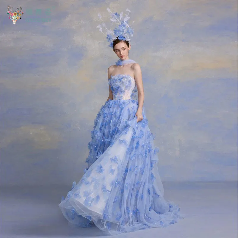 

Элегантное женское вечернее платье с синим цветком, романтический сценический костюм, костюм феи невесты на день рождения, красивое торжественное платье