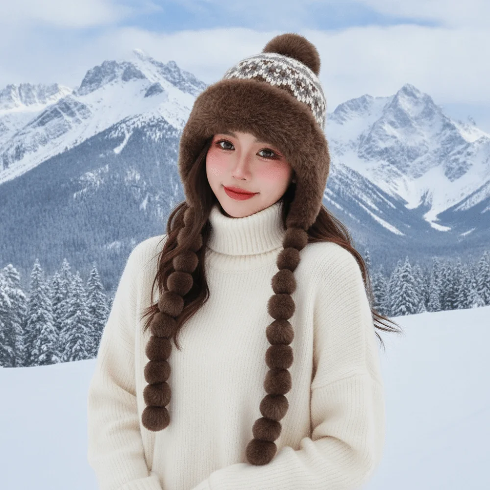Fleece Lined Pompom Braids Hat Striped Knit Fur Brim Fleece Knit Beanie Soft Yarn Windproof Earflap Winter Cap Ladies