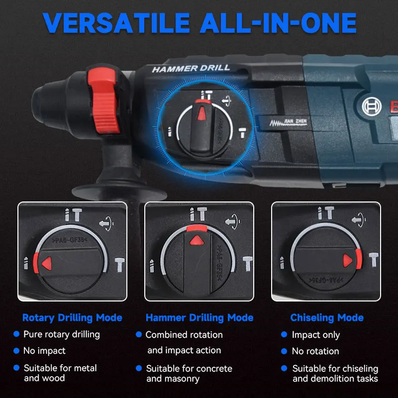 مطرقة دوارة متينة من Bosch GBH2-28 مع حافظة، تتضمن لقم SDS-Plus، وقوة 800 وات لحفر الخرسانة الفعالة